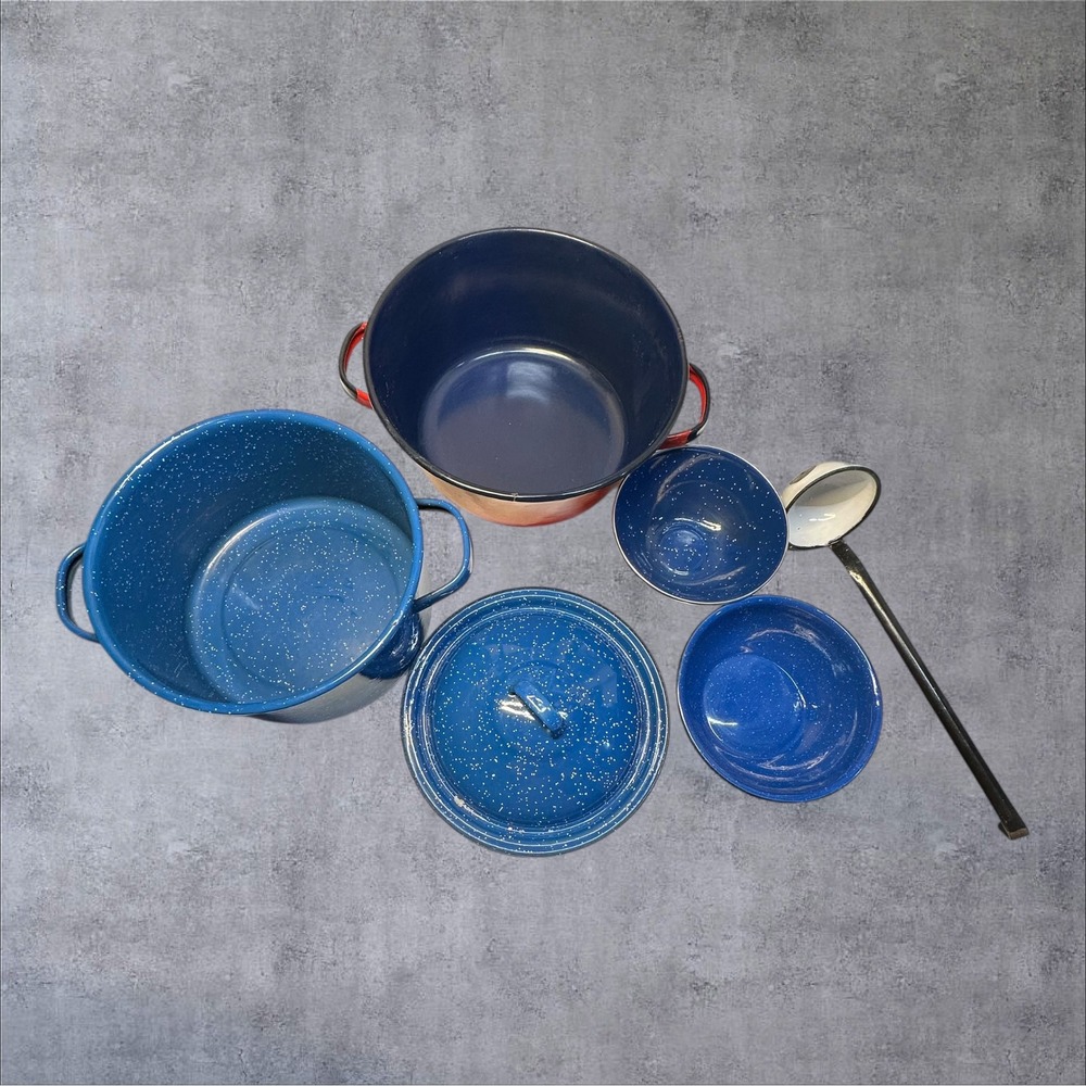 Vtg Enamelware Mixed Set 6pc Blue Red Speckled Stock Pot Bowls Ladle Farmhouse
